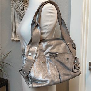 Kale leather handbag satchel taupe silver shoulder distressed